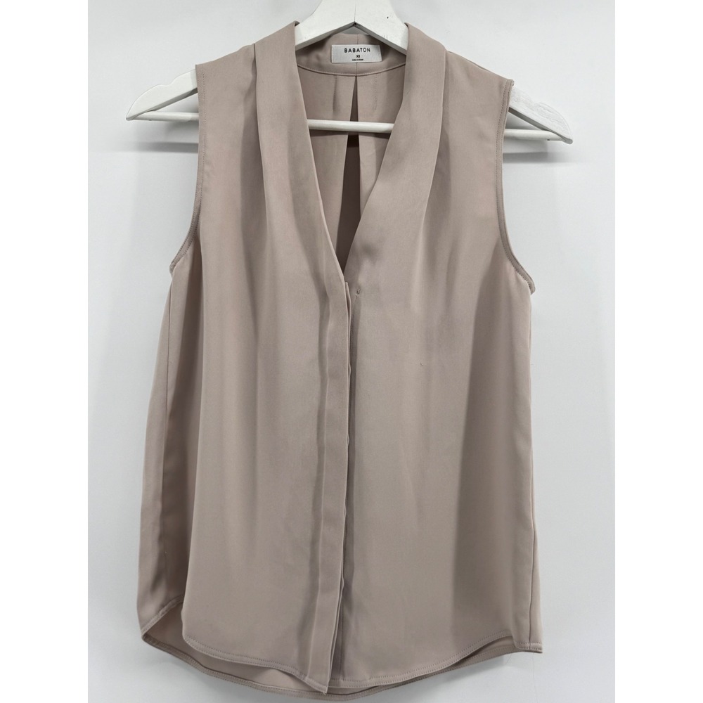 Babaton Aritzia Sleeveless V-Neck Blouse Taupe Tan Drape Neck Top Womens XS